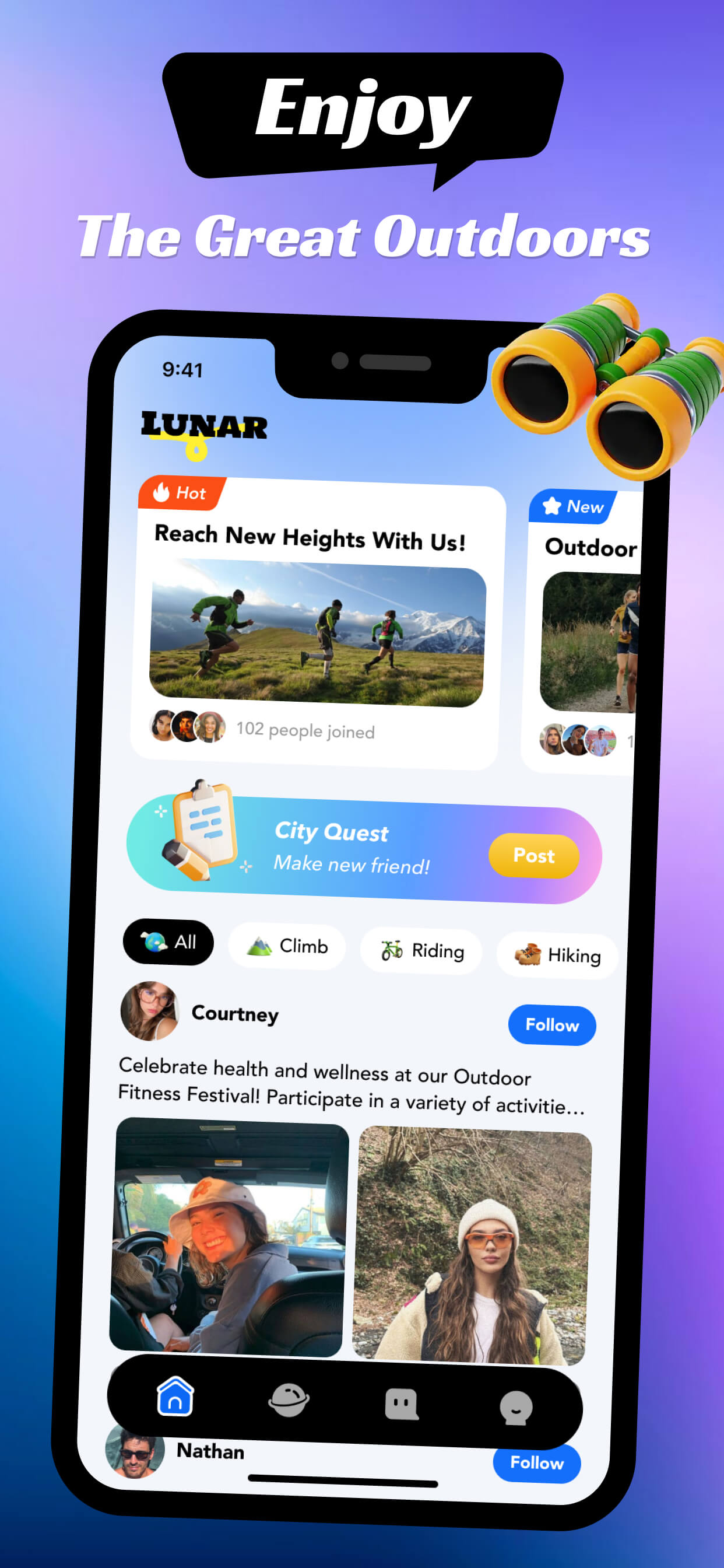Lunar app interface on a smartphone showing outdoor activity posts.