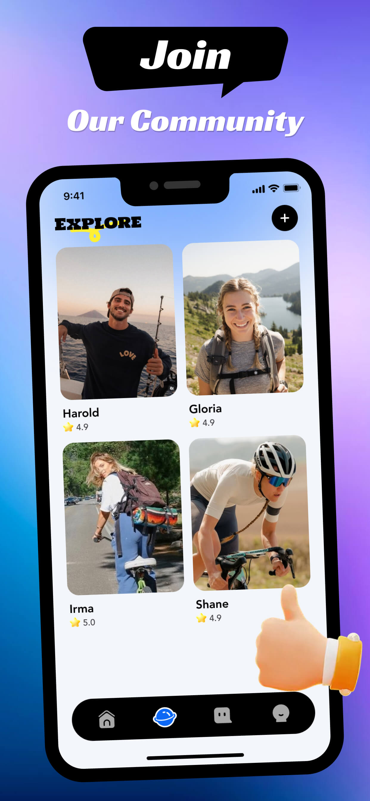 An app screen showing user profiles with the header 'Join Our Community'.
