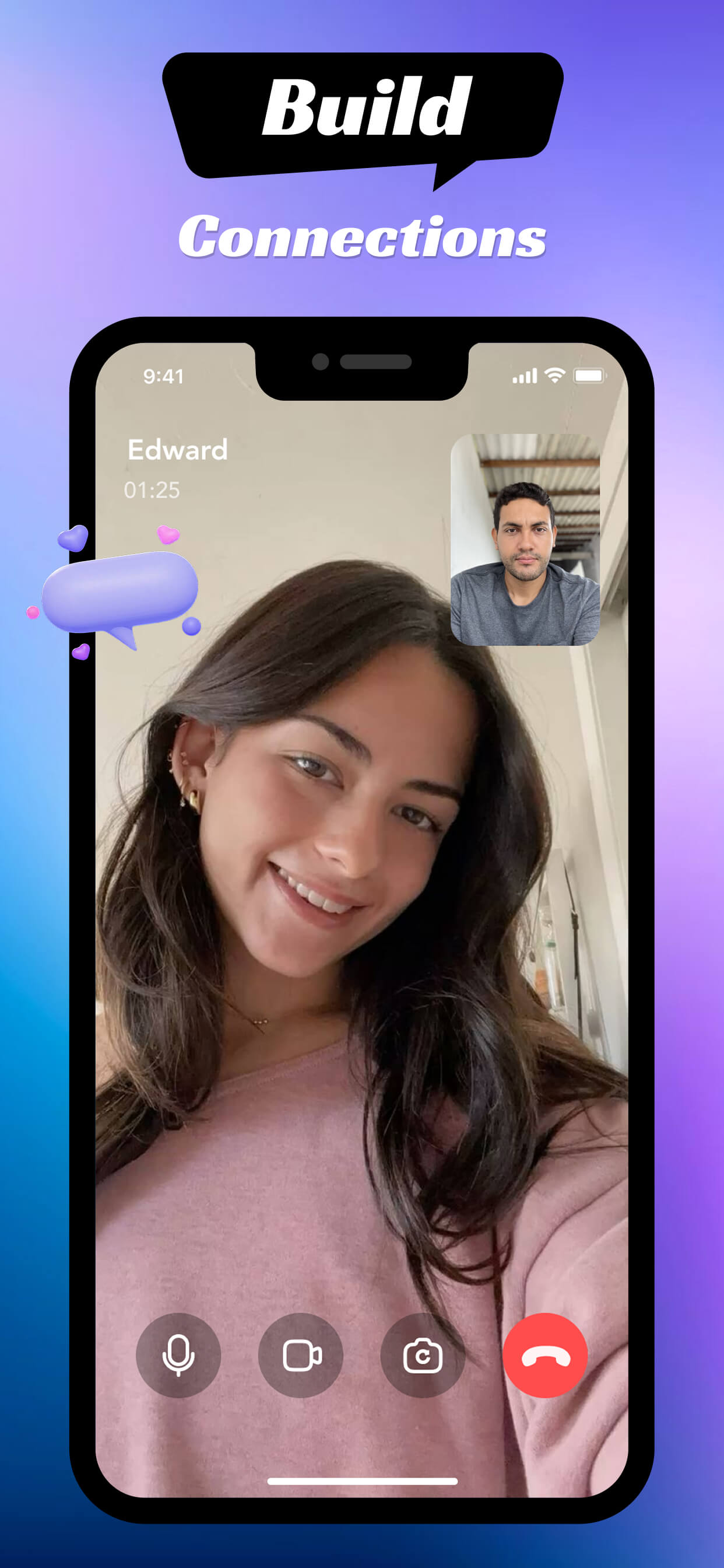 A smartphone showing a video call with text 'Build Connections'.