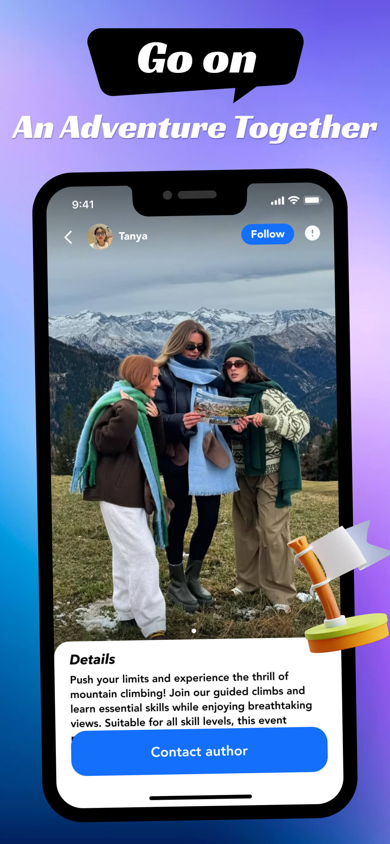Three women on a mountain looking at a map with text 'Go on An Adventure Together'.